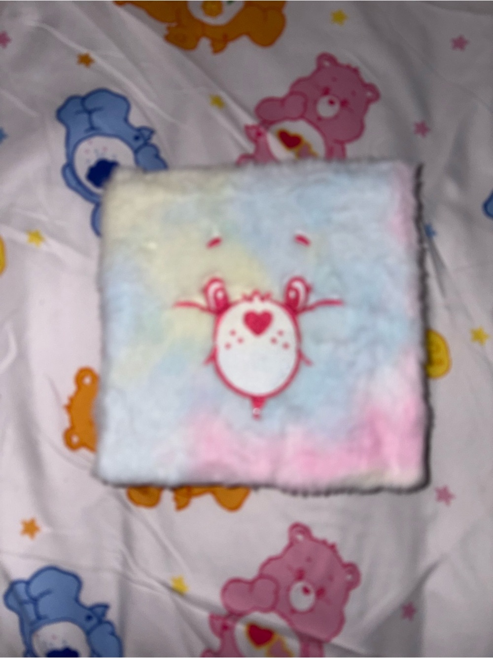 Pastel Tie-Dye Plush Square Pouch with Care Bear Socks